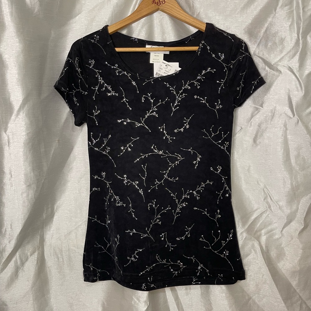 NWT VTG 90’s Black & Silver Glitter Floral Print Slinky Short Sleeve Top Blouse